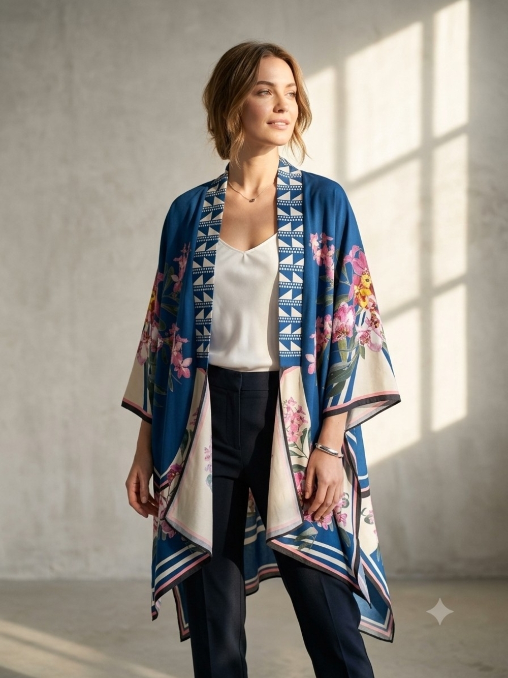 Flying Tomato Tropical Orchid Floral Open Front Kimono Cardigan M/L
